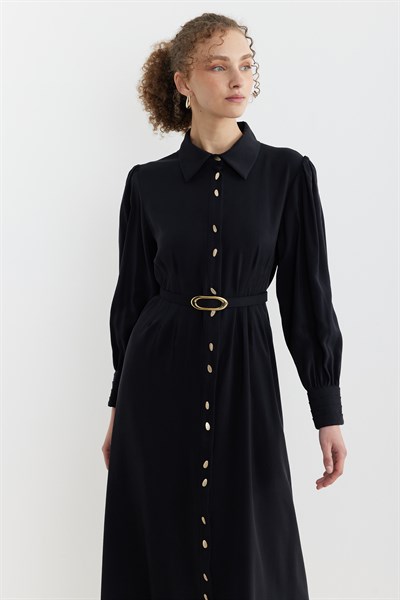 Belden Pensli Düğmeli Kemerli Elbise Siyah