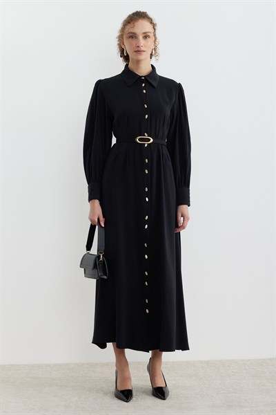 Belden Pensli Düğmeli Kemerli Elbise Siyah