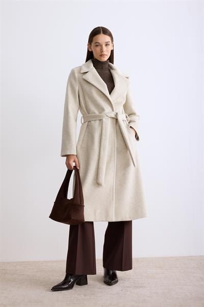 Astarlı Ara Boy Kaşe Kaban Bej