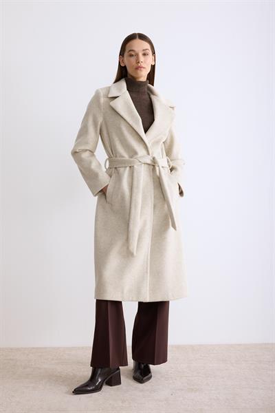 Astarlı Ara Boy Kaşe Kaban Bej