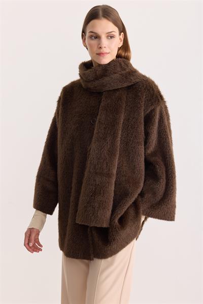 Atkılı Düğmeli Peluş Hırka Acı Kahverengi