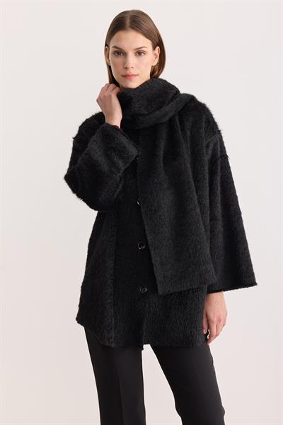 Atkılı Düğmeli Peluş Hırka Siyah