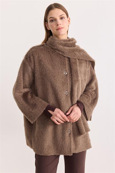 Atkılı Düğmeli Peluş Hırka Sütlü Kahve