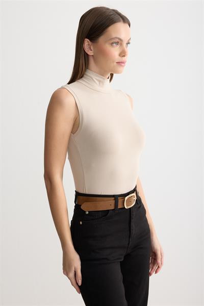 Balıkçı Yaka Sıfır Kol Penye Body Bej