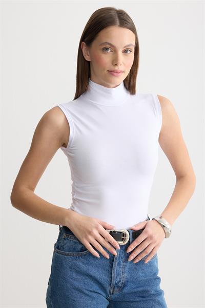 Balıkçı Yaka Sıfır Kol Penye Body Beyaz