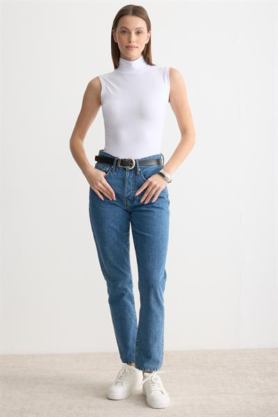 Balıkçı Yaka Sıfır Kol Penye Body Beyaz