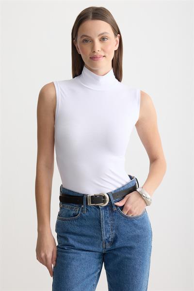 Balıkçı Yaka Sıfır Kol Penye Body Beyaz