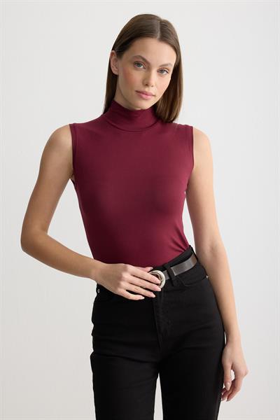 Balıkçı Yaka Sıfır Kol Penye Body Bordo