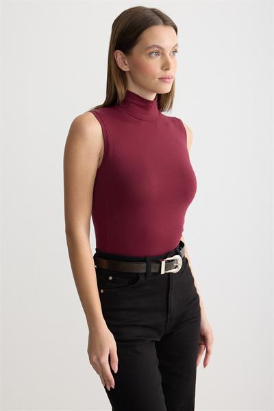 Balıkçı Yaka Sıfır Kol Penye Body Bordo