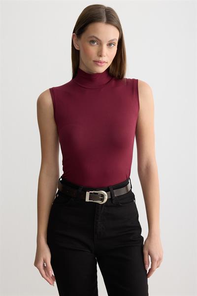Balıkçı Yaka Sıfır Kol Penye Body Bordo