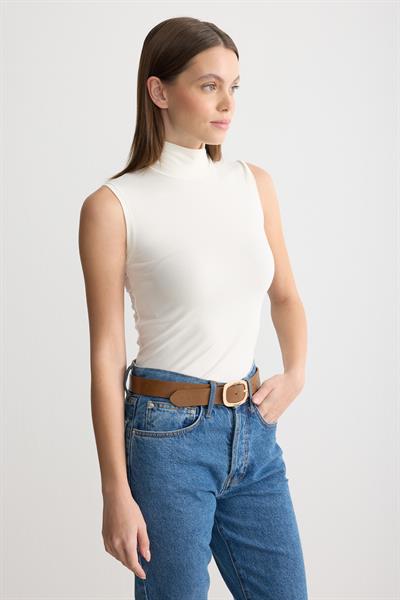 Balıkçı Yaka Sıfır Kol Penye Body Ekru