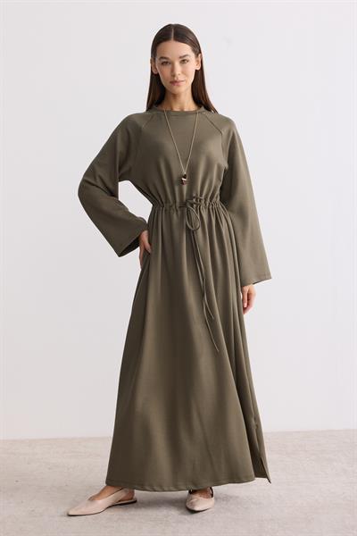 Belden Büzgü Bağlamalı Oversize Elbise Yeşil