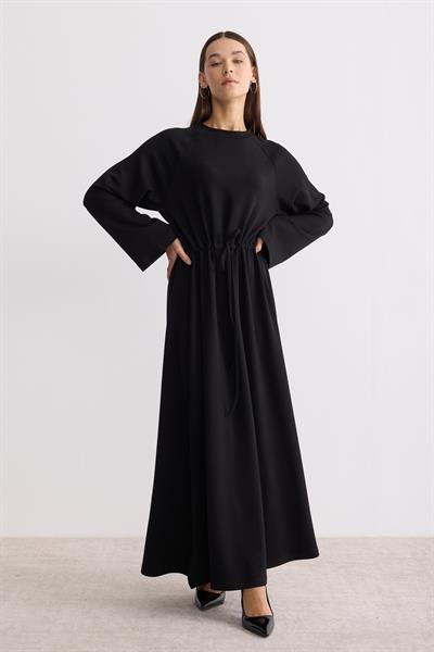 Belden Büzgü Bağlamalı Oversize Elbise Siyah