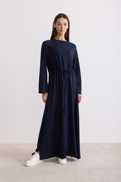 Belden Büzgü Bağlamalı Oversize Elbise Lacivert