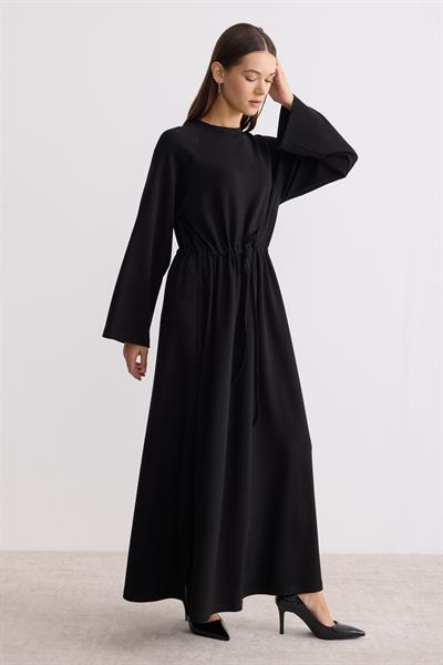 Belden Büzgü Bağlamalı Oversize Elbise Siyah