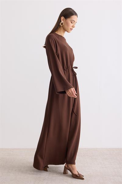 Belden Büzgü Bağlamalı Oversize Elbise Acı Kahverengi
