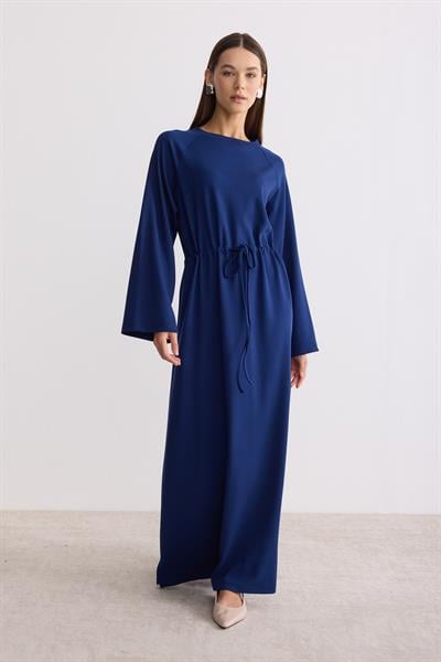 Belden Büzgü Bağlamalı Oversize Elbise Saks Mavi
