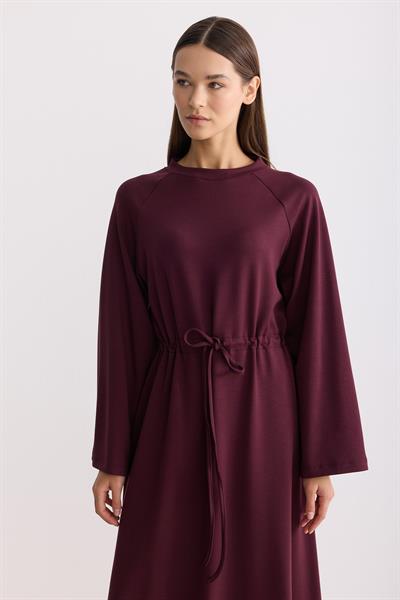 Belden Büzgü Bağlamalı Oversize Elbise Mürdüm