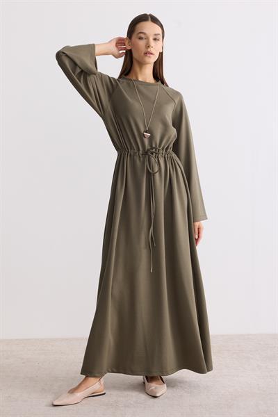 Belden Büzgü Bağlamalı Oversize Elbise Yeşil