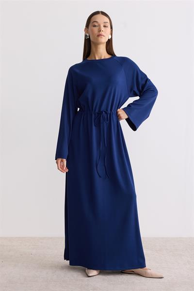 Belden Büzgü Bağlamalı Oversize Elbise Saks Mavi