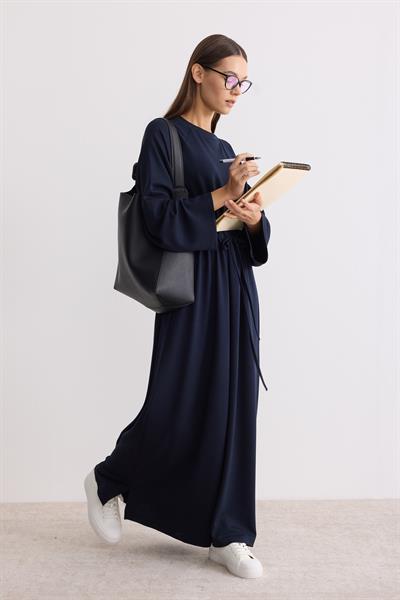 Belden Büzgü Bağlamalı Oversize Elbise Lacivert