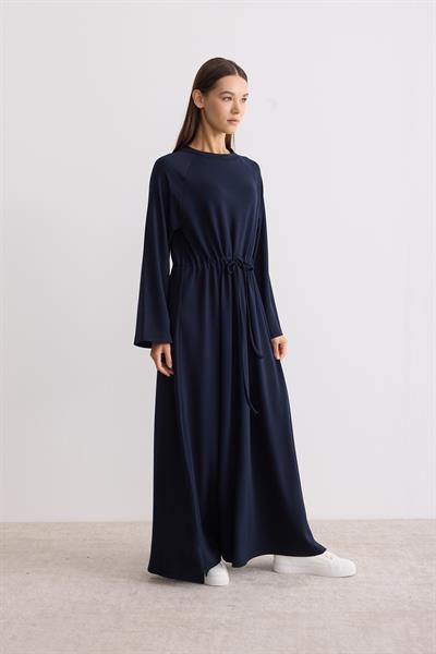 Belden Büzgü Bağlamalı Oversize Elbise Lacivert