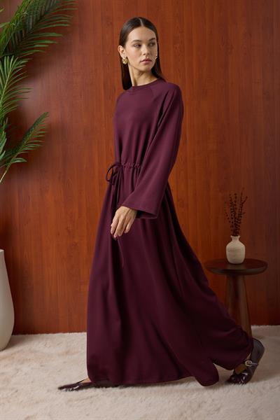 Belden Büzgü Bağlamalı Oversize Elbise Mürdüm
