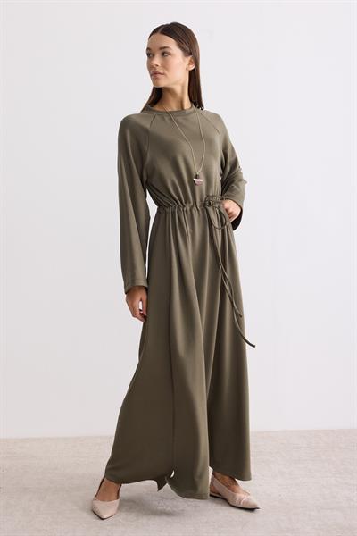 Belden Büzgü Bağlamalı Oversize Elbise Yeşil