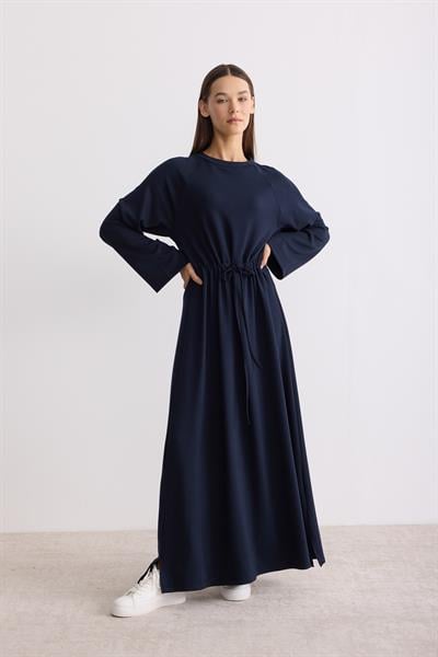 Belden Büzgü Bağlamalı Oversize Elbise Lacivert