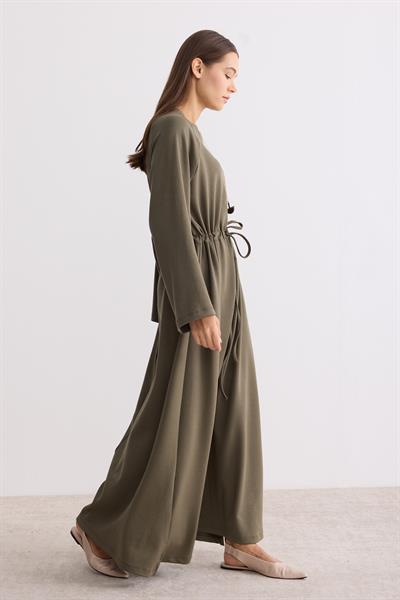 Belden Büzgü Bağlamalı Oversize Elbise Yeşil