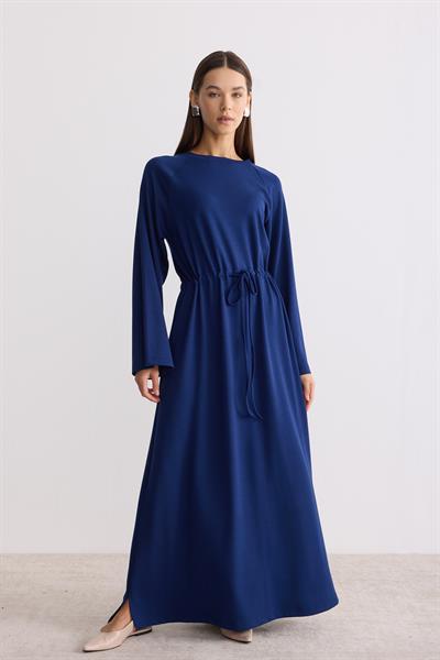 Belden Büzgü Bağlamalı Oversize Elbise Saks Mavi