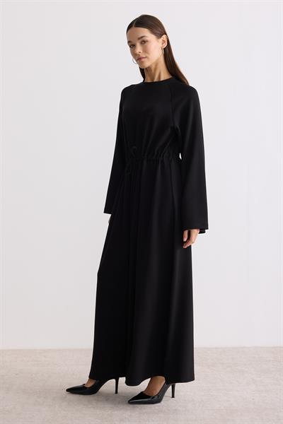 Belden Büzgü Bağlamalı Oversize Elbise Siyah