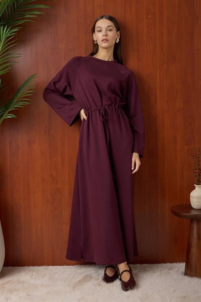 Belden Büzgü Bağlamalı Oversize Elbise Mürdüm