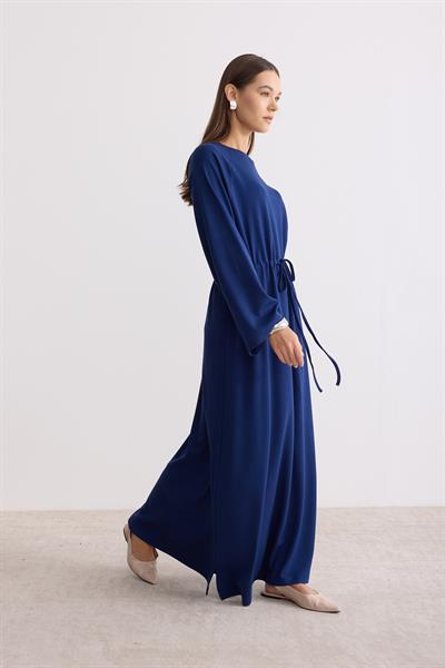 Belden Büzgü Bağlamalı Oversize Elbise Saks Mavi