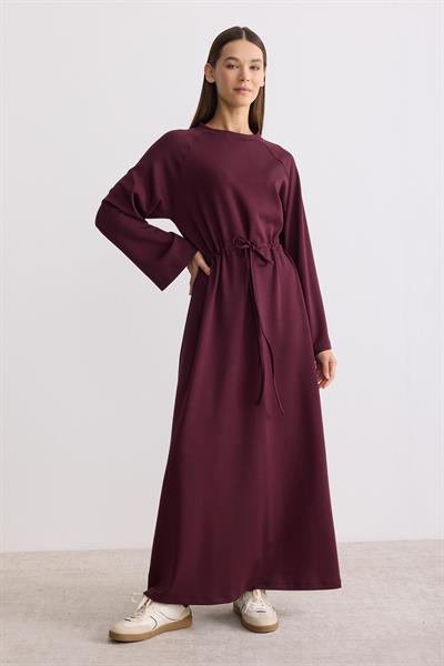 Belden Büzgü Bağlamalı Oversize Elbise Mürdüm