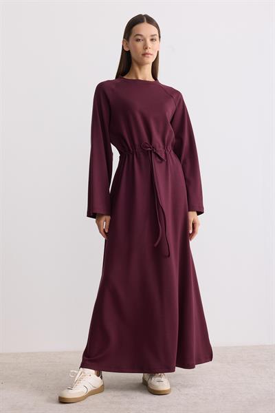 Belden Büzgü Bağlamalı Oversize Elbise Mürdüm