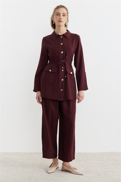 Belden Büzgülü Düğmeli Takım Bordo