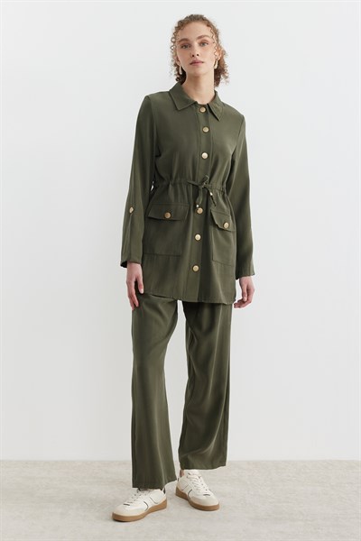 Belden Büzgülü Düğmeli Takım Haki