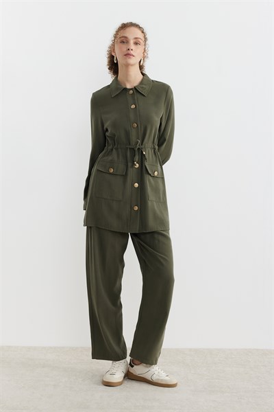 Belden Büzgülü Düğmeli Takım Haki