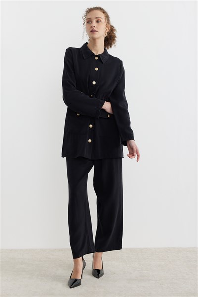 Belden Büzgülü Düğmeli Takım Siyah