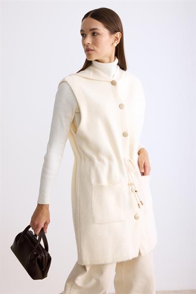 Belden Büzgülü Kapşonlu Angora Yelek Ekru