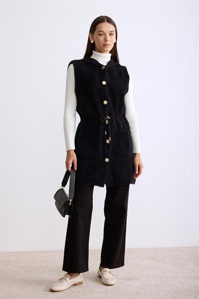 Belden Büzgülü Kapşonlu Angora Yelek Siyah