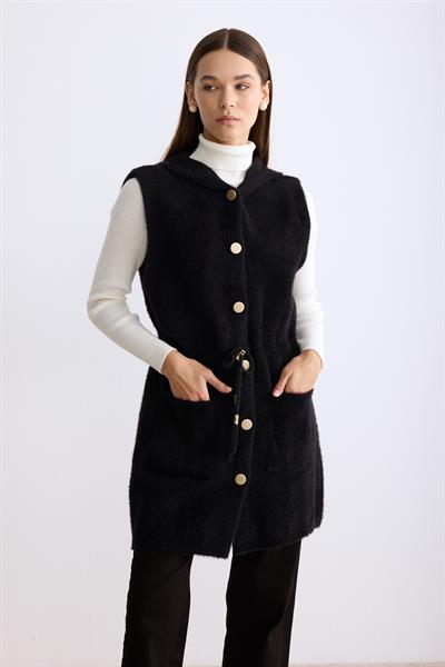 Belden Büzgülü Kapşonlu Angora Yelek Siyah