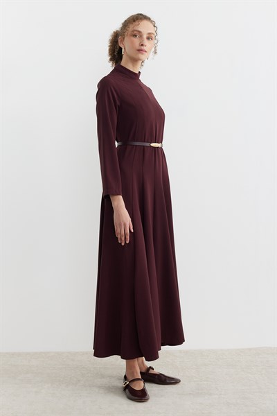 Belden Oturtmalı Kemerli Uzun Elbise Bordo