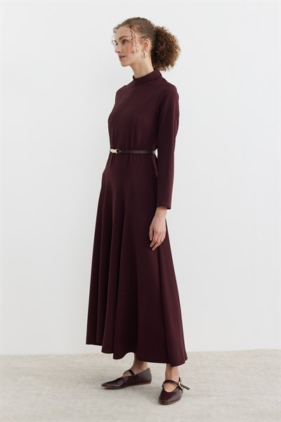 Belden Oturtmalı Kemerli Uzun Elbise Bordo
