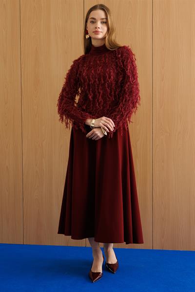 Beli Lastikli Kloş Etek Bordo
