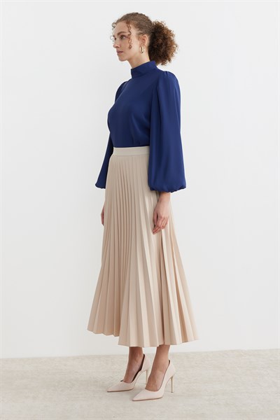 Beli lastikli Pliseli Etek Bej