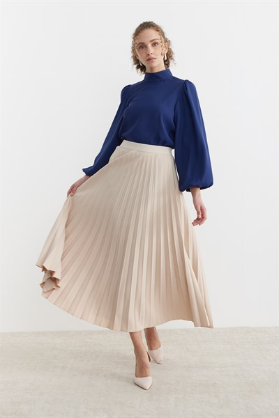 Beli lastikli Pliseli Etek Bej