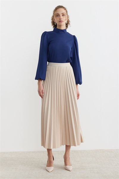 Beli lastikli Pliseli Etek Bej