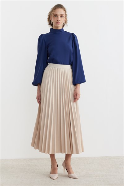 Beli lastikli Pliseli Etek Bej